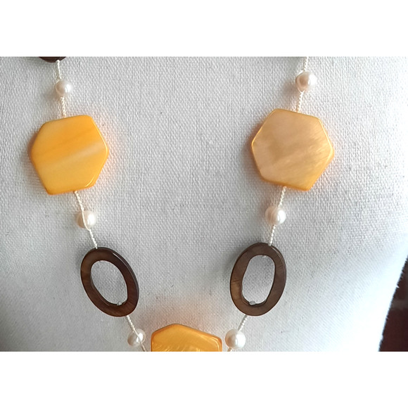 PREMIER DESIGN Genuine Pearls Yellow Shell Brown Station 32" Necklace Retired - Picture 2 of 5